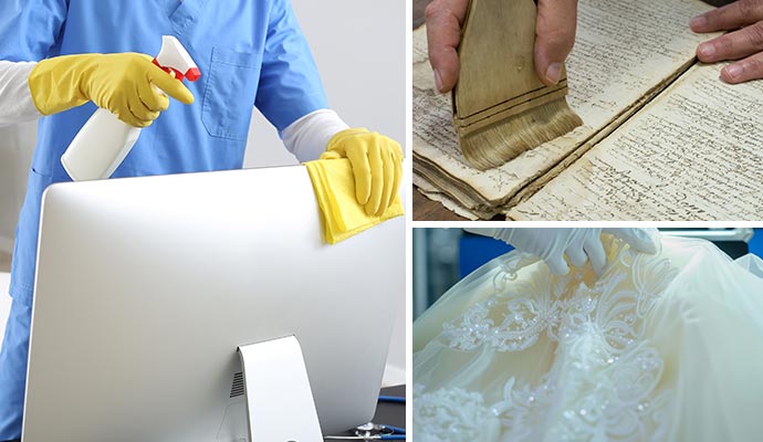 Different types of furniture restoration service Collage of electronics, document, and clothing restoration
