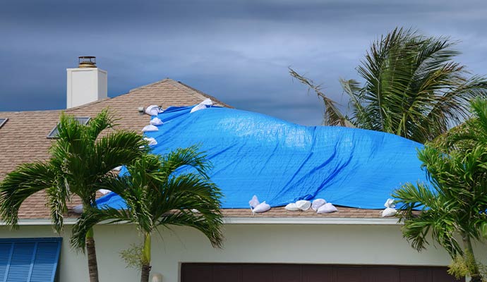 A large blue tarp covering a damaged house roof