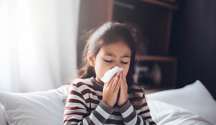 A young girl  blowing her nose into a white tissue