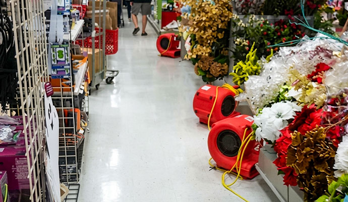 Air movers drying flooded floor in a retail store