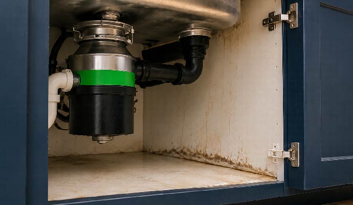 An installed garbage disposal unit under kitchen sink