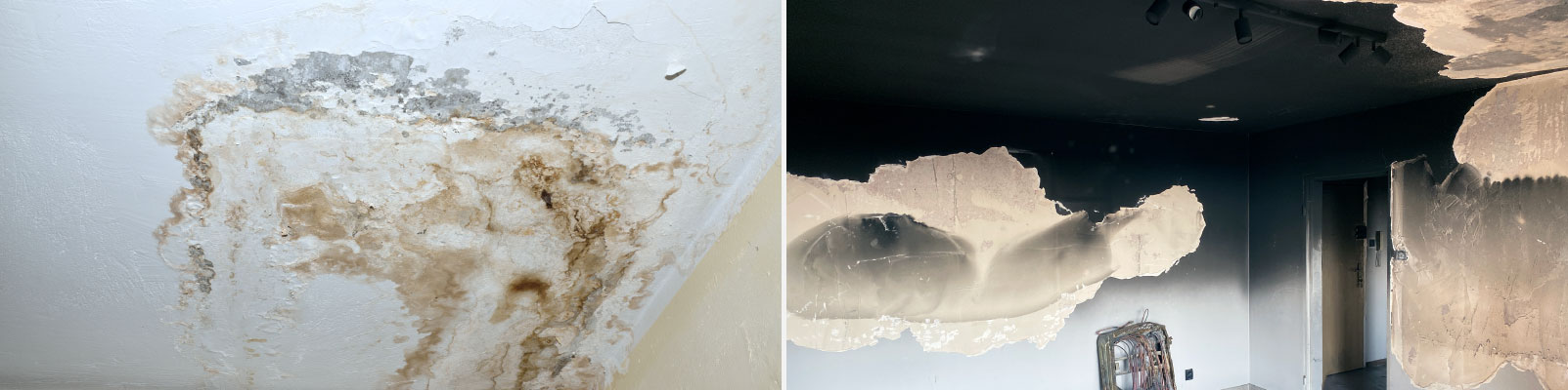 Collage of water and fire damaged ceiling
