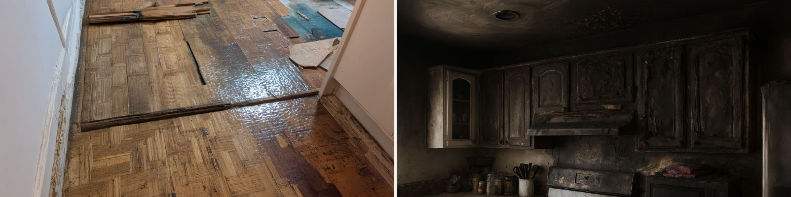 Collage of water damaged floor and fire damaged kitchen