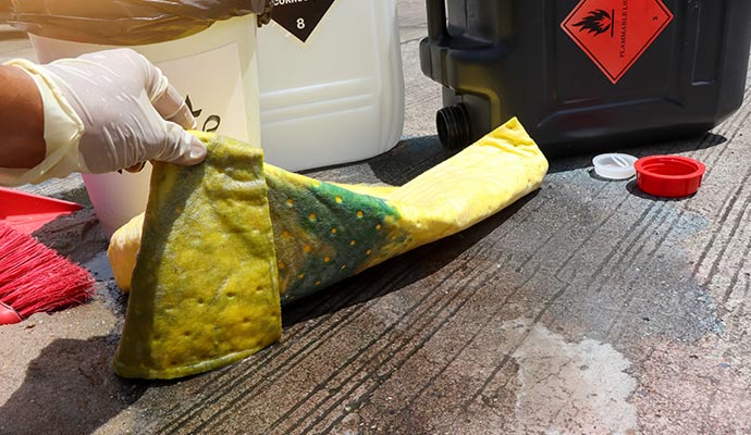 Gloved hand cleaning chemical spill with absorbent pad Gloved hand cleaning chemical spill with absorbent pad