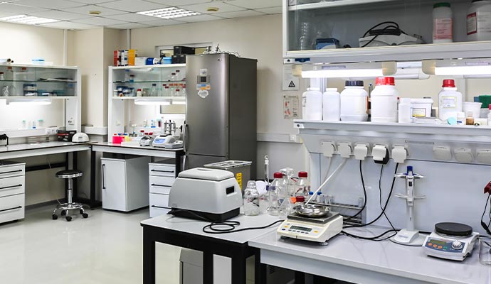 Drug laboratory with scientific equipment and chemical bottles on shelves