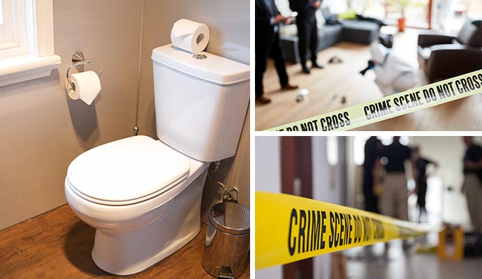 Collage of installed toilet, trauma cleanup service and crime scene