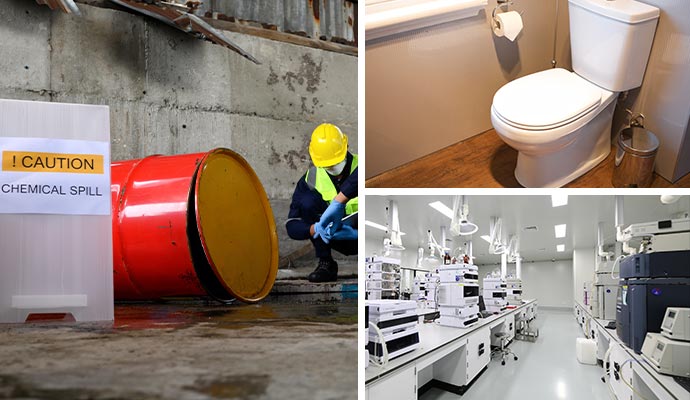 Collage of spilled chemical, installed toilet and drug lab Collage of spilled chemical, installed toilet and drug lab