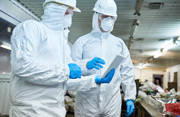 Two biohazard technicians taking sample of hazardous materials