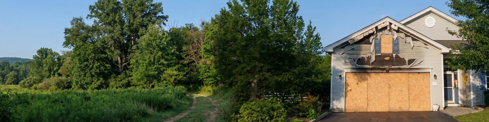 Boarded-up residential house banner