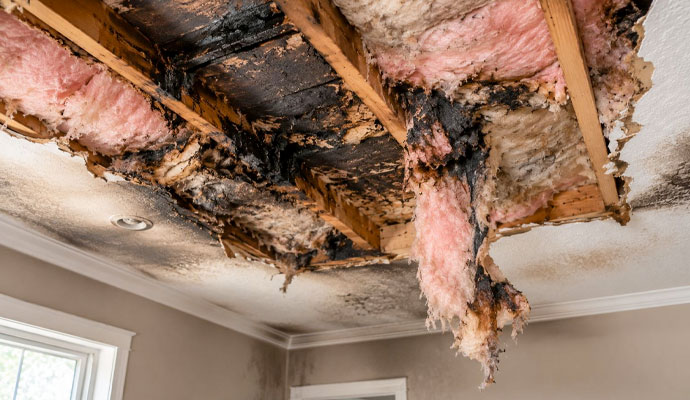 Burnt insulation in a fire damaged ceiling