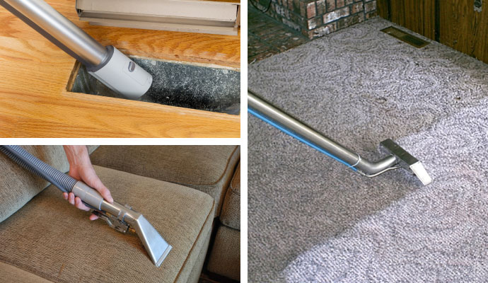 Collage of air duct, upholstery, and carpet cleaning services