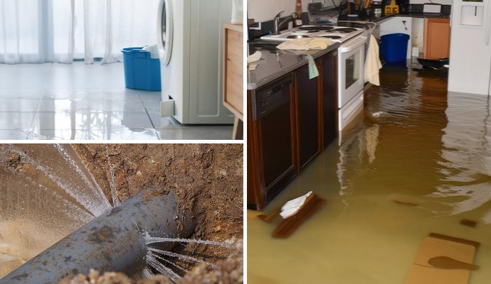 Collage of appliance leak, burst pipe and flood damage