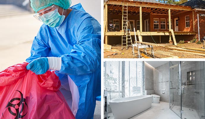 Collage of biohazard cleanup, reconstruction service and remodelled bathroom