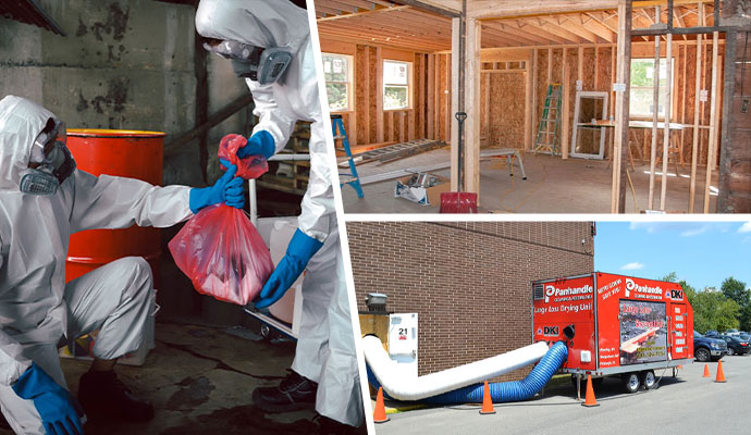 Collage of biohazard and commercial cleaning service  with reconstruction service