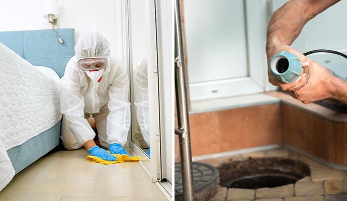 Collage of blood and sewage cleanup services