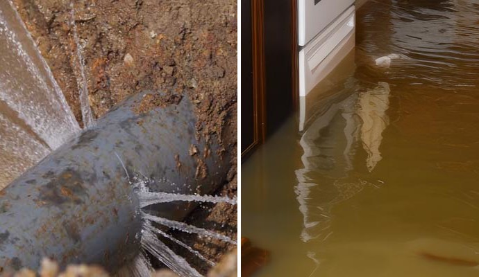 Collage of broken pipe and flood-damaged kitchen