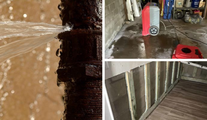 Collage of broken pipes, water damage, and structural damage