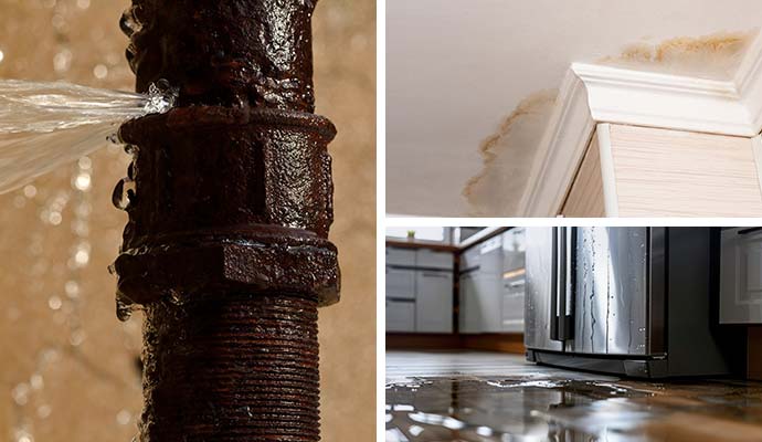 Collage of burst pipe, roof and refrigerator leak