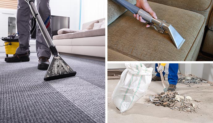 Collage of carpet, upholstery and construction site cleanup service
