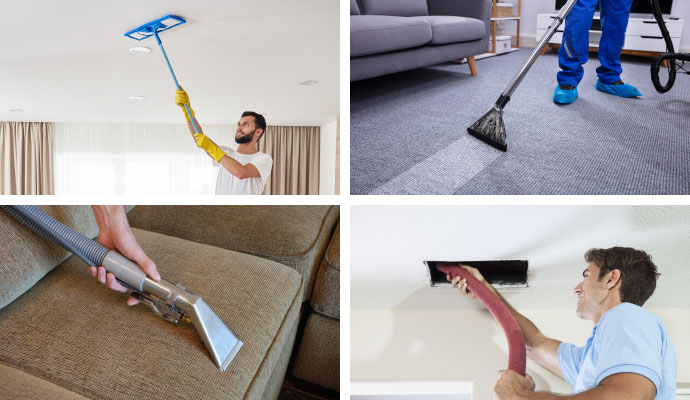 Collage of ceiling, carpet, upholstery, and duct cleaning for cigarette smoke removal
