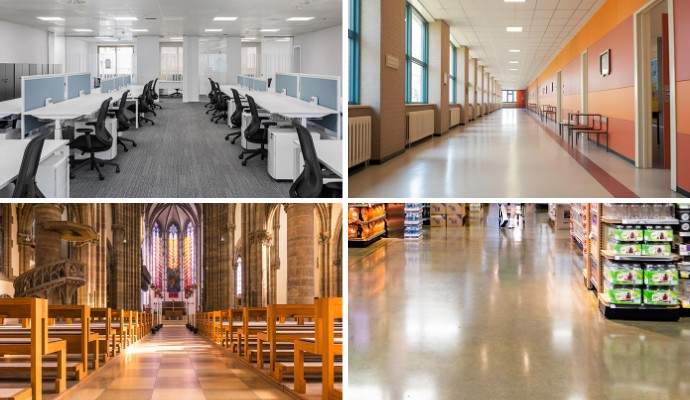 Collage of a clean office, school, church, and retail store