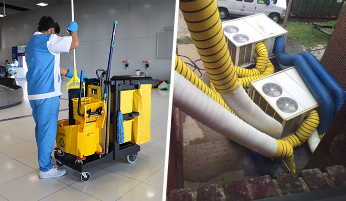 Collage of commercial cleaning and restoration services Collage of commercial cleaning and restoration services
