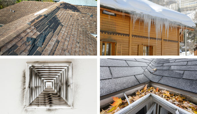 Collage of damaged shingles, ice dams, dirty HVAC vent, and clogged gutter