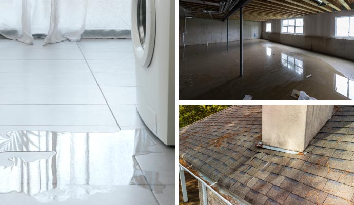 Collage of different types of water-damaged properties
