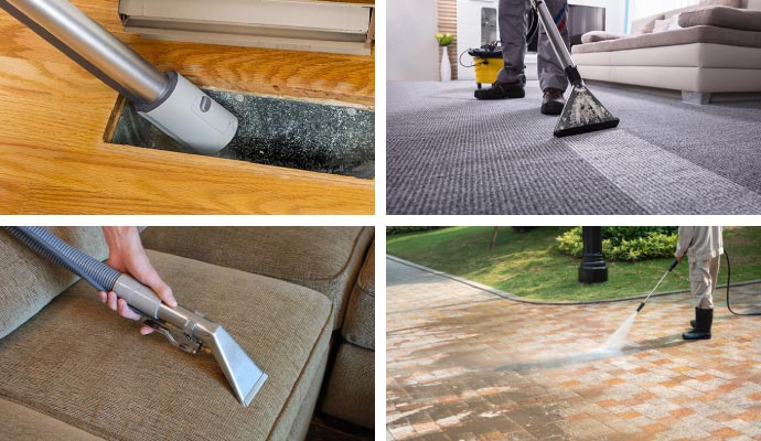 Collage of duct, carpet, upholstery cleaning and pressure washing