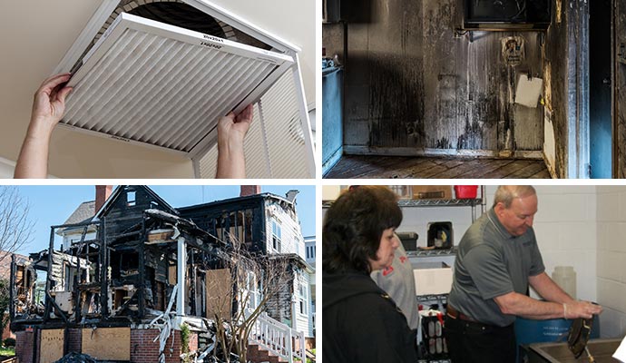 Collage of duct smoke removal, smoke damaged wall, fire damaged house and content restoration