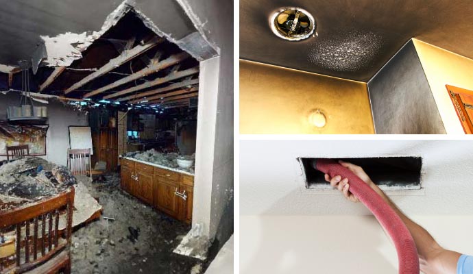 Collage of fire and smoke damage with duct cleaning service