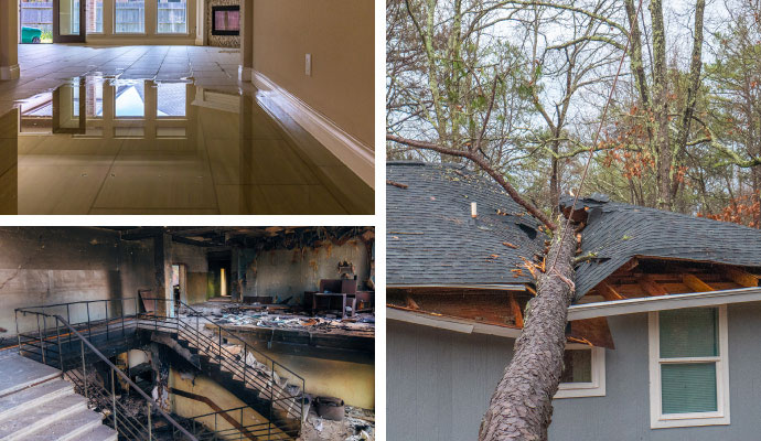 Collage of flooded floor, burned building interior, and tree fallen on roof