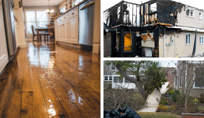 Collage of flooded floor, fire-damaged house, and storm destruction