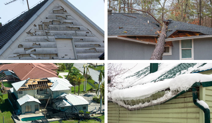 Collage of hail, storm, wind, and snow damaged houses