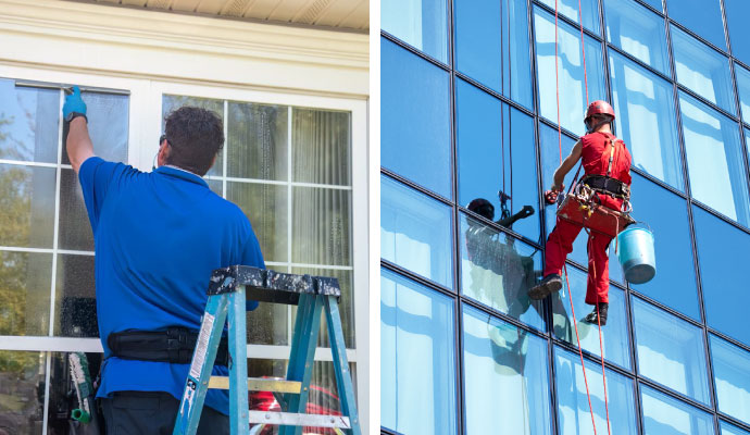 Collage of home and commercial window cleaning service in progress