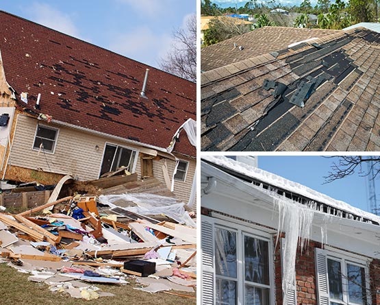 Collage of hurricane, roof and heave snow damage house