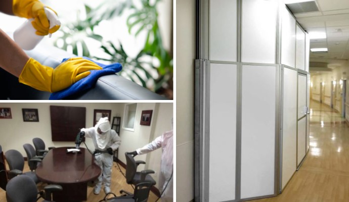 Collage of janitorial service, disinfecting a meeting room, and a hospital hallway with infection control partitions