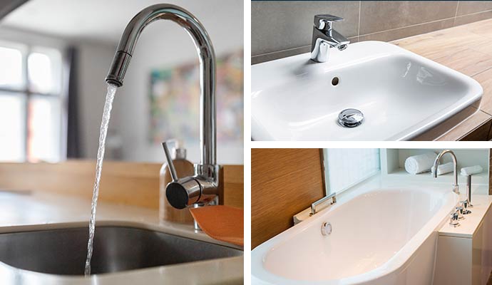 Collage of kitchen sink, bathroom sink and bathtub