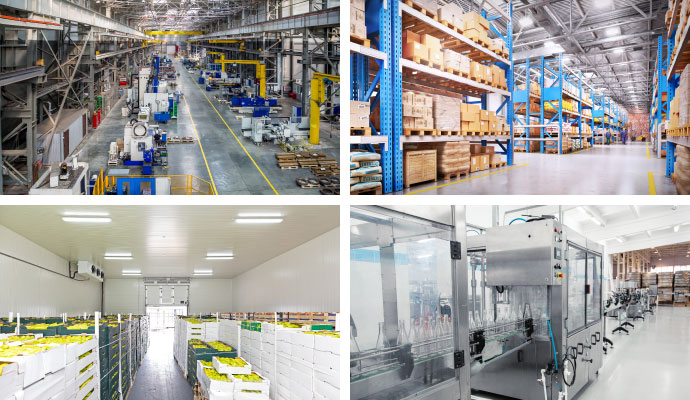 Collage of machinery plant, logistic warehouse, cold storage unit, and sterile laboratory