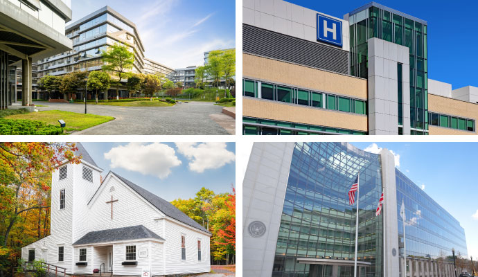 Collage of office building, healthcare facility, church, and government office