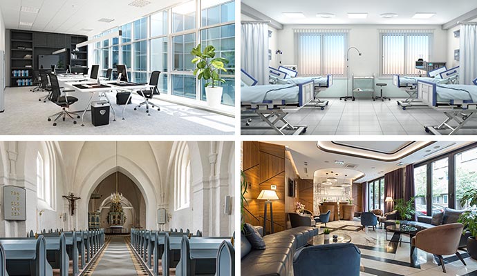 Collage of office, hospital, church, and hotel