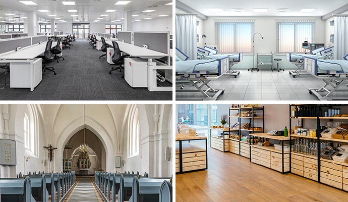 Collage of office, hospital, church and store
