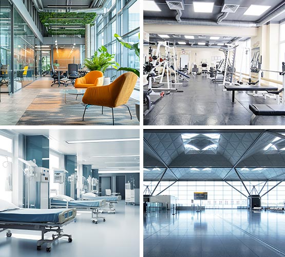 Collage of office interior, gym, healthcare facility and airport