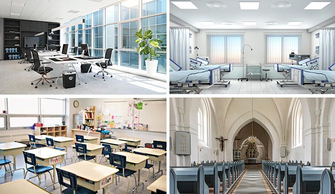 Collage of office interior, healthcare center, classroom and church
