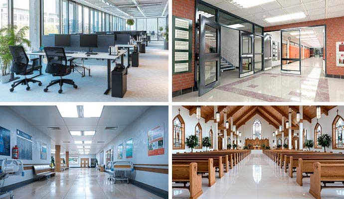 Collage of office room, hospital, school, and church