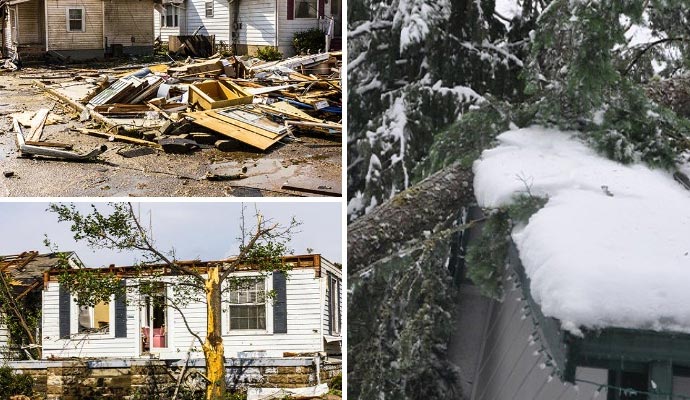 Collage showing property damage caused by storms, strong winds, and snowfall