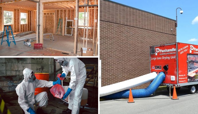 Collage of reconstruction, biohazard and commercial cleaning services