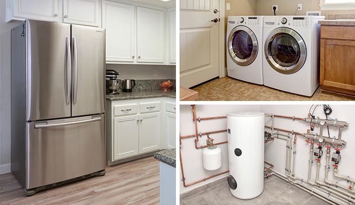 Collage of refrigerators, washing matching, and installed water heater