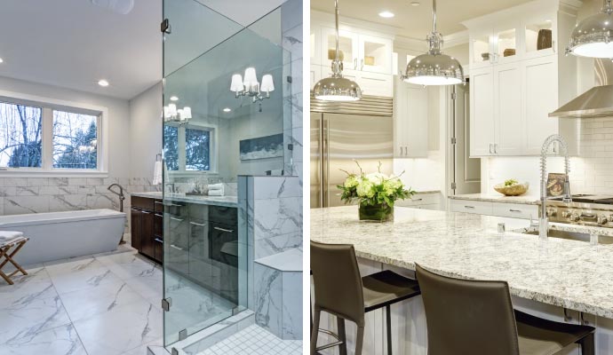 Collage of remodeled bathroom and kitchen