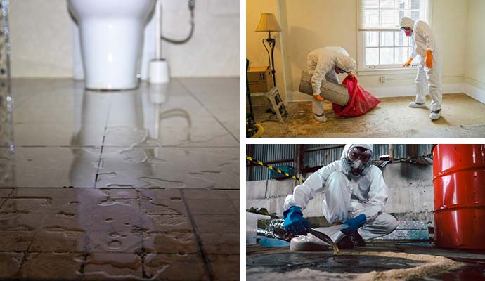 Collage of sewage, biohazard cleanup, and chemical spills 